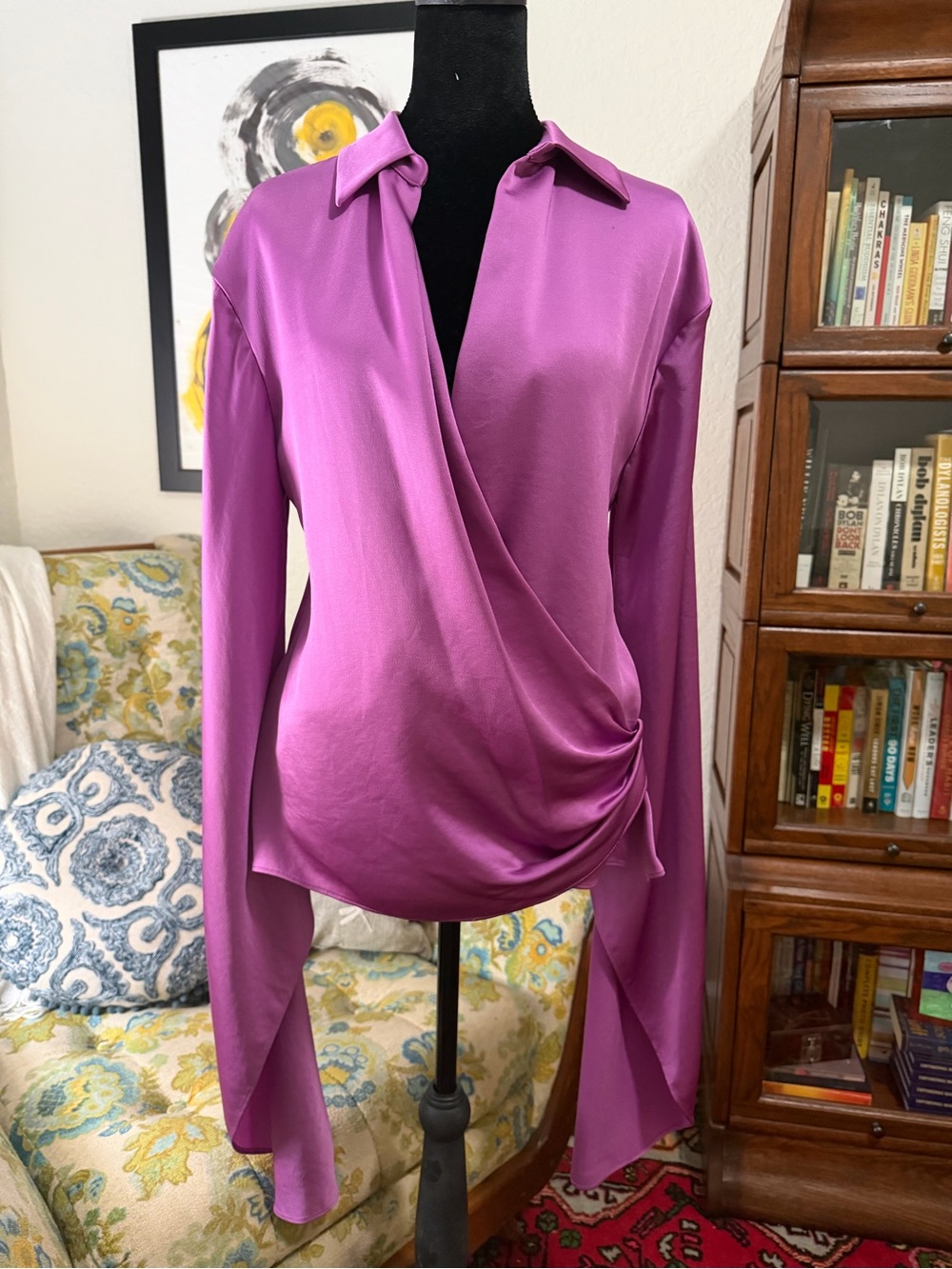 SIMKHAI Paradisa Purple Satin Wrap Top Size 6 Split Statement Sleeves - Picture 3 of 7